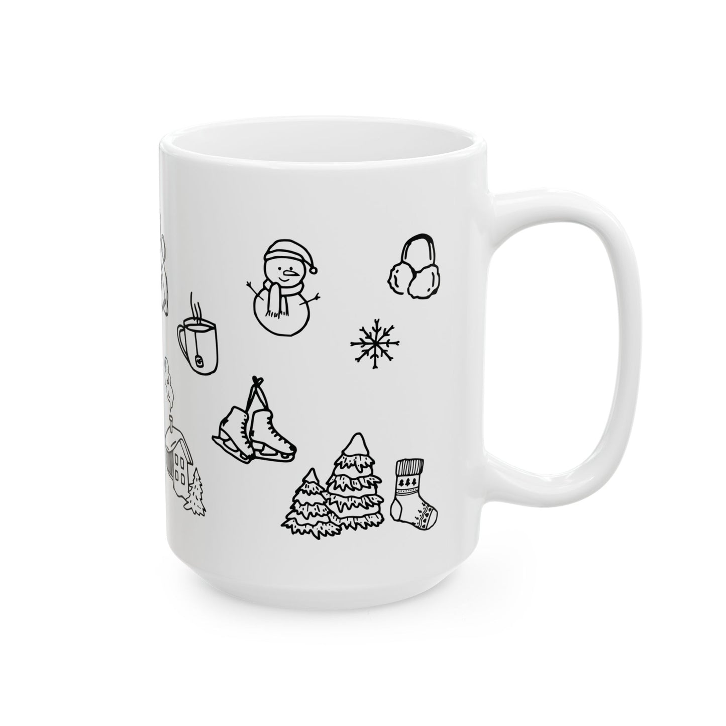 Winter Doodle Ceramic Mug — Snowboarding & Cozy Holiday (11oz, 15oz)