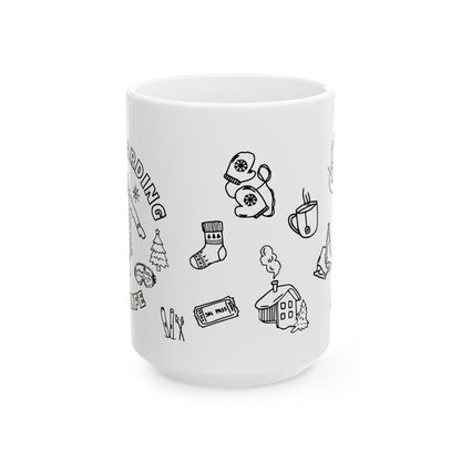 Winter Doodle Ceramic Mug — Snowboarding & Cozy Holiday (11oz, 15oz)