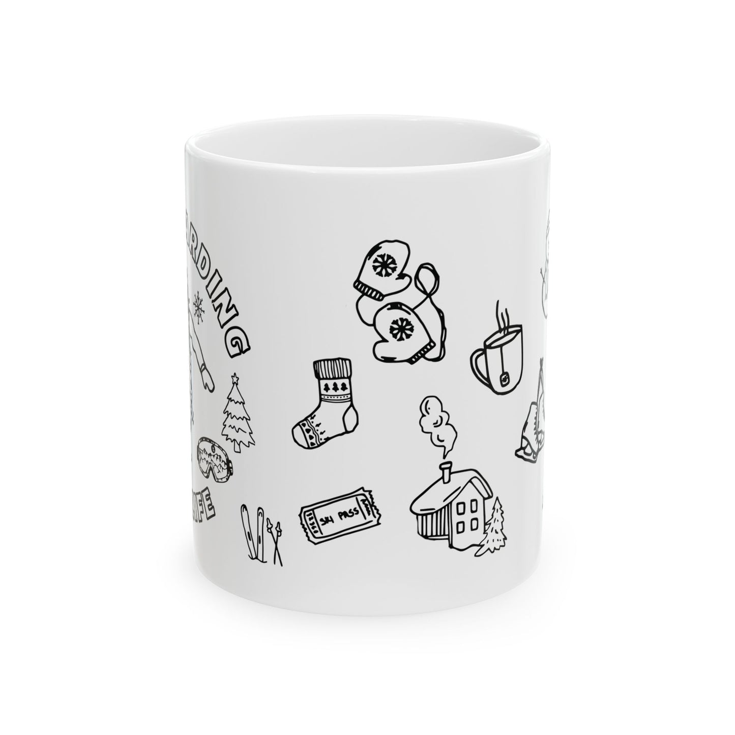 Winter Doodle Ceramic Mug — Snowboarding & Cozy Holiday (11oz, 15oz)
