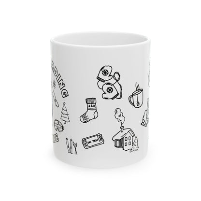 Winter Doodle Ceramic Mug — Snowboarding & Cozy Holiday (11oz, 15oz)