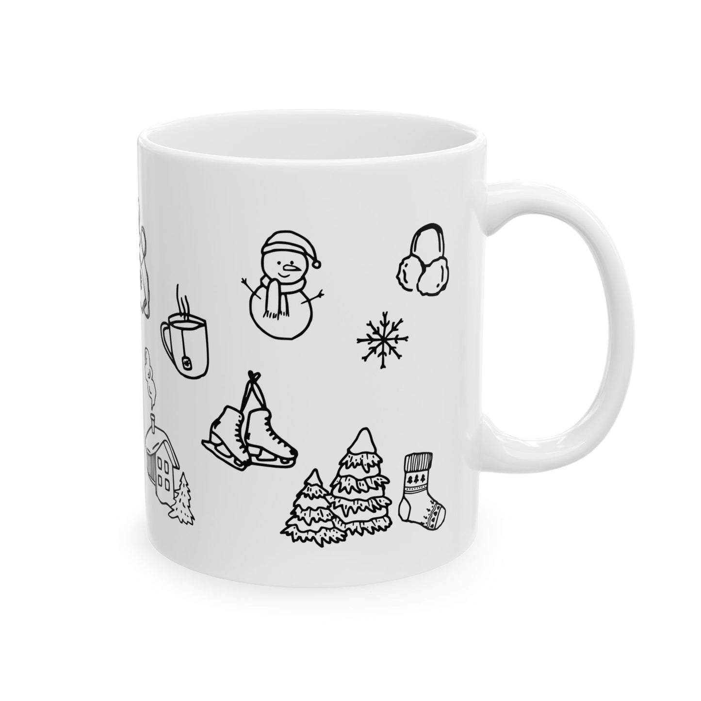Winter Doodle Ceramic Mug — Snowboarding & Cozy Holiday (11oz, 15oz)