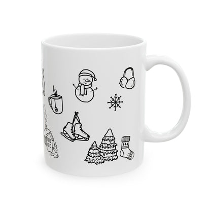Winter Doodle Ceramic Mug — Snowboarding & Cozy Holiday (11oz, 15oz)